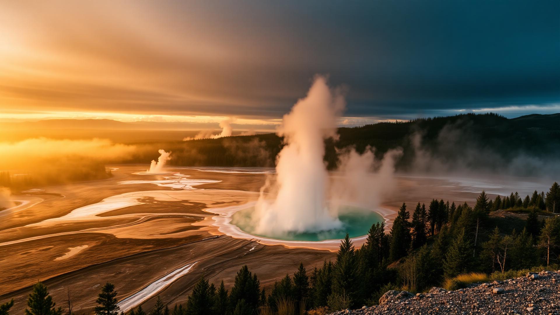 Grand Prismatic Spring at golden hour, Yellowstone